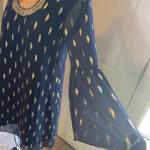 Lilly Pulitzer Navy Dress with Gold Feather Pattern - Picture 6 of 10